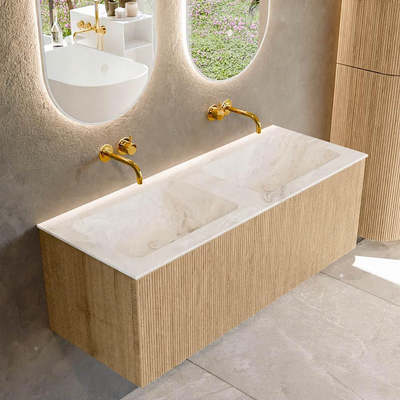 MONDIAZ KURVE-DLUX 120cm Meuble salle de bain - couleur Oak - 1 tiroir - vasque LEAF double - sans trou de robinet - couleur Frappe