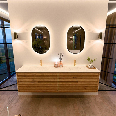 Mondiaz CIRO-DLUX Badkamermeubelset - 190x45x50cm - Solid surface wastafel Opalo - 2 wasbak Dubbel - 2 kraangaten - 4 lades - Oak