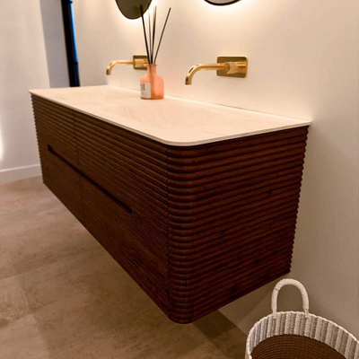 Mondiaz CIRO-DLUX Badkamermeubelset - 140x45x50cm - Solid surface wastafel Meli - 2 wasbak Dubbel - zonder kraangaten - 4 lades - Ruby
