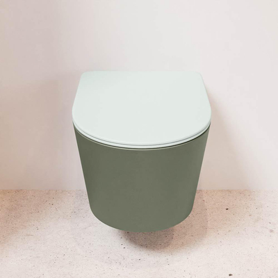 Mondiaz LAVIE hangtoilet – spoelrandloos – 36 x 53 cm – met softclose zitting – Army (groen), zitting Greey (lichtgroen/grijs)