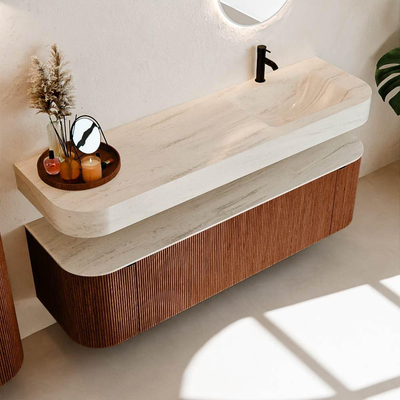 MONDIAZ THOR-DLUX 160cm meuble de salle de bains arrondi gauche + droite couleur Ruby avec 1 tiroir et 2 portes. Vasque suspendue CLOUD Droite 1 trou de robinet couleur Meli.