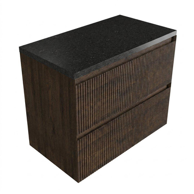 Saniclass Holz Atelier Ensemble meuble de salle de bains - 80x45x63cm - Plan vasque en basalte Noche poli (noir) - sans trou de robinetterie - 2 tiroirs - chêne charcoal mat (bois)