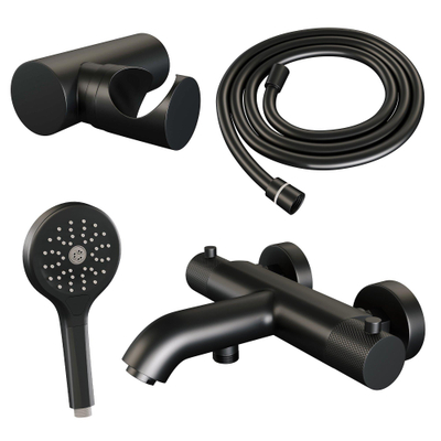Brauer Black Carving Badkraan opbouw - douchegarnituur - 1 functie - 2 carving knoppen - handdouche rond 3 standen - mat zwart