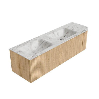 MONDIAZ KURVE-DLUX 155cm badmeubel met module 25 R kleur Oak met 2 lades en 1 deur. Wastafel LEAF dubbel / links zonder kraangat kleur Glace.