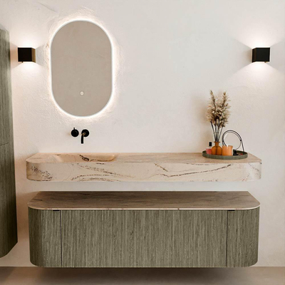 MONDIAZ THOR-DLUX Meuble de salle de bains - 160cm - arrondi gauche + droite - couleur Shadow - 1 tiroir et 2 portes - Vasque suspendue CLOUD Gauche sans trou de robinet - couleur Arena