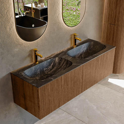 MONDIAZ KURVE-DLUX 140cm Meuble salle de bain - couleur Walnut - 2 tiroirs - vasque STOR SMALL double - 2 trous de robinet - couleur Lava