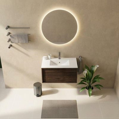 Saniclass Holz Frame Ensemble de meubles de salle de bains - 80x45x42cm - Lavabo Vygo en céramique blanc - 1 vasque - 1 trou de robinetterie - 1 tiroir - chêne charcoal mat (bois)