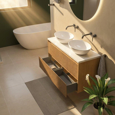 Saniclass Holz Atelier Ensemble meuble de salle de bains - 120x45x63cm - Plan vasque en marbre Dia poli (blanc) - sans trou de robinetterie - 2 tiroirs - chêne natural mat (bois)