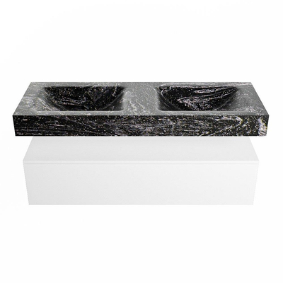 Mondiaz ALAN-DLUX Ensemble de meuble - 130cm - meuble Talc mat - 1 tiroir - Lavabo Cloud Lava suspendu - vasque gauche et droite - 0 trous de robinet