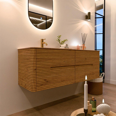 Mondiaz CIRO-DLUX Badkamermeubelset - 140x45x50cm - Solid surface wastafel Saba - 1 wasbak Links - 1 kraangat - 4 lades - Oak