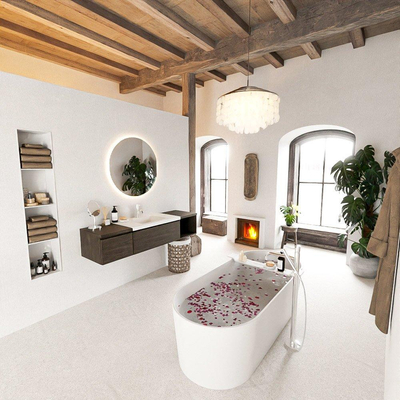 MONDIAZ BUKLA 160cm ensemble de meuble avec module ouvert 40 à droite couleur Marron Foncé avec 2 tiroirs. Lavabo CLOUD centre 1 trou de robinet couleur Talc.