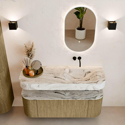 MONDIAZ THOR-DLUX 130cm meuble de salle de bains arrondi gauche + droite couleur Dusk avec 1 tiroir et 2 portes. Vasque suspendue CLOUD droite sans trou de robinet couleur Glace.