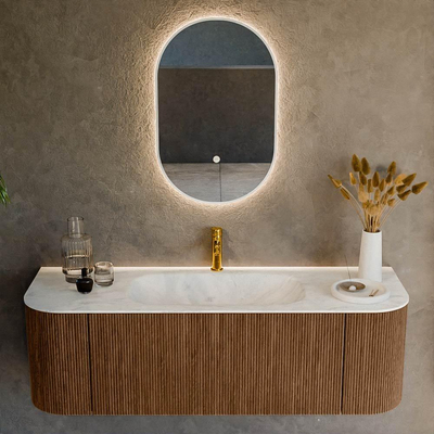 MONDIAZ KURVE-DLUX 140cm Meuble salle de bain avec module 25 G et D - couleur Walnut - 1 tiroir - 2 portes - vasque BIG SMALL centre - 1 trou de robinet - couleur Opalo