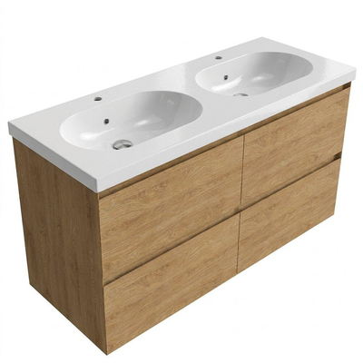 Saniclass Holz Pure Ensemble de meubles de salle de bains - 120x45x63.5cm - lavabo en céramique Palermo blanc - 2 vasques - 2 trous de robinet - 4 tiroirs - chêne natural mat (bois)