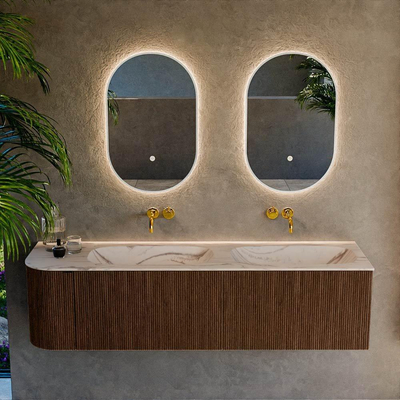 MONDIAZ KURVE-DLUX 165cm meuble de salle de bains arrondi à gauche couleur Walnut avec 2 tiroirs et 1 porte. Lavabo STOR SMALL Double / à droite sans trou de robinet Nata.