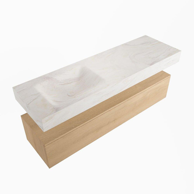 Mondiaz ALAN-DLUX Ensemble de meuble - 150cm - meuble Washed Oak mat - 1 tiroir - Lavabo Cloud Ostra suspendu - vasque Gauche - 0 trous de robinet