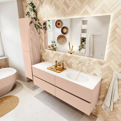 Mondiaz VICA ensemble de meuble de salle de bain - 150cm - meuble sous-vasque rosee - 4 tiroirs - lavabo moon droite - sans trous de robinet - version haute de 60cm - talc