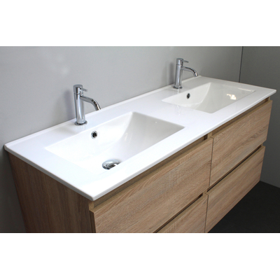 Basic Bella Meuble salle de bains avec lavabo céramique avec miroir et éclairage Blanc 120x55x46cm 2 trous de robinet Chêne