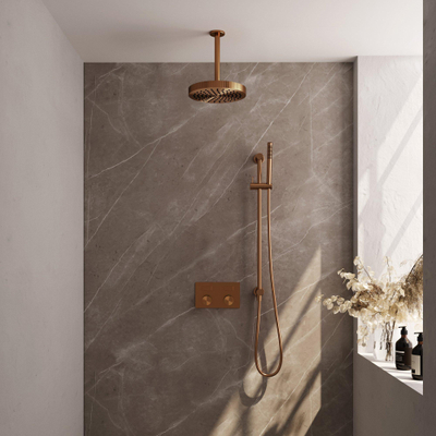 BRAUER Stripe Thermostatische Inbouw Regendouche - drukknoppen - SET 33 - 25cm douchekop - plafondarm - staaf handdouche - doucheslang - geïntegreerde glijstang - koper geborsteld PVD