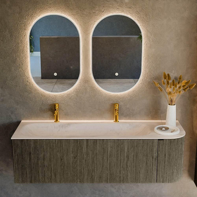 MONDIAZ KURVE-DLUX 145cm badmeubel ronding Rechts kleur Shadow met 1 lade en 1 deur. Wastafel BIG LARGE Links 2 kraangaten Meli.