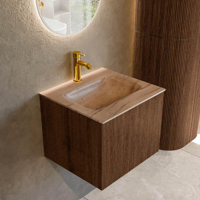 MONDIAZ KURVE-DLUX 50cm badmeubel kleur Walnut met 1 lade en 0 deuren. Wastafel GRUNNE Midden 1 kraangat Saba.