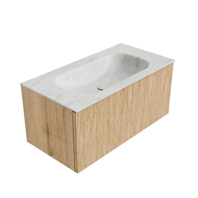 MONDIAZ KURVE-DLUX 90cm badmeubel kleur Oak met 1 lade. Wastafel BIG SMALL midden 1 kraangat kleur Opalo.