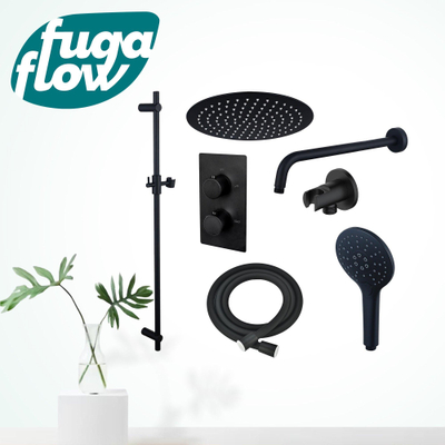 FugaFlow Eccelente Sobrado Badkamer Inbouw Regendoucheset - thermostatisch - wandarm -glijstang - 25cm hoofddouche - handdouche rond - zwart mat - Black Friday -