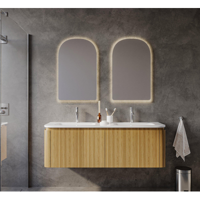 Saniclass Terra Badkamermeubelset - 140x42x45.5cm - keramische wastafel wit glans - 2 wasbakken - 2 kraangaten - 4 lades - Sandwood (licht eiken)