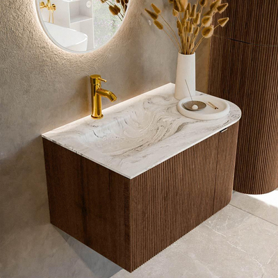 MONDIAZ KURVE-DLUX meuble de salle de bains 75cm avec module 25 R couleur noyer avec 1 tiroir et 1 porte. Lavabo GRUNNE gauche 1 trou de robinetterie couleur Glace.