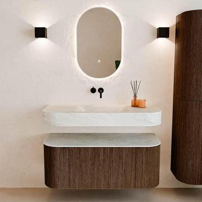 MONDIAZ THOR-DLUX 110cm meuble de salle de bains arrondi gauche + droite couleur Walnut avec 1 tiroir et 2 portes. Vasque suspendue CLOUD Milieu sans trou de robinet couleur Opalo.