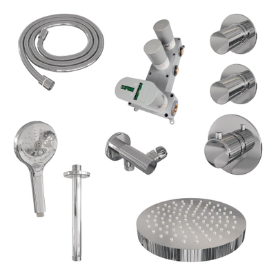 BRAUER Stripe Thermostatische Inbouw Regendouche - SET 06 - 25cm douchekop - plafondarm - 3-standen handdouche - doucheslang - wandaansluitbocht - chroom