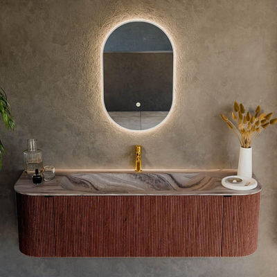 MONDIAZ KURVE-DLUX 150cm badmeubel ronding Links + Rechts kleur Ruby met 1 lade en 2 deuren. Wastafel BIG MEDIUM Midden 1 kraangat Sombra.