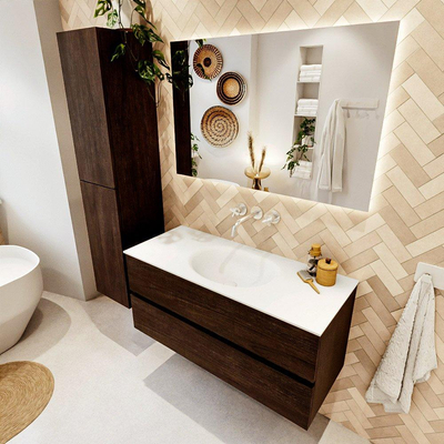 Mondiaz VICA ensemble de meuble de salle de bain - 110cm - meuble sous-vasque marron foncé - 2 tiroirs - lavabo moon milieu - sans trous de robinet - version haute de 60cm - talc