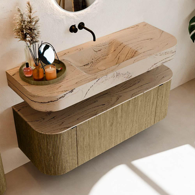 MONDIAZ THOR-DLUX 130cm meuble de salle de bains arrondi gauche + droite couleur Dusk avec 1 tiroir et 2 portes. Vasque suspendue CLOUD Milieu sans trou de robinet couleur Arena.