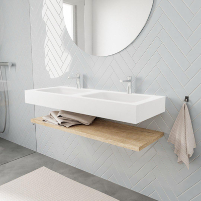 MONDIAZ ALAN 120cm - Ensemble de meuble de salle de bains - étagère - chêne blanchi - lavabo suspendu - 2 vasques - 2 trous de robinet - talc