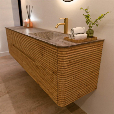 Mondiaz CIRO-DLUX Ensemble de meubles de salle de bains - 180x45x50cm - Plan vasque solid surface Oza - 1 vasque à droite - 1 trou de robinetterie - 4 tiroirs - Chêne