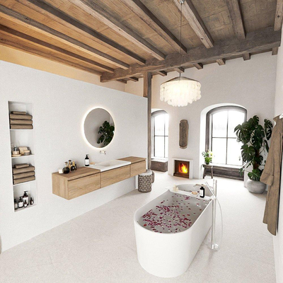 MONDIAZ BUKLA 200cm badmeubel met module 60 kleur Washed Oak met 3 lades. Wastafel CLOUD midden 0 kraangaten kleur Talc.