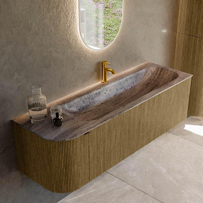 MONDIAZ KURVE-DLUX meuble de salle de bains 145cm arrondi à gauche couleur Dusk avec 1 tiroir et 1 porte. Lavabo BIG LARGE à droite 1 trou de robinet Oza.