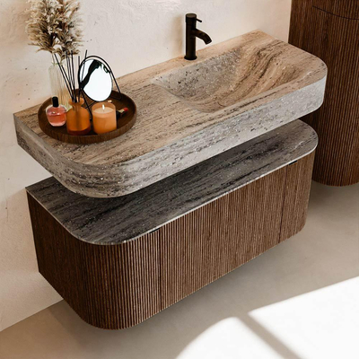 MONDIAZ THOR-DLUX 110cm badmeubel ronding links + rechts kleur Walnut met 1 lade en 2 deuren. Vrijhangende wastafel CLOUD Rechts 1 kraangat kleur Oza.