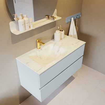 Mondiaz VICA-DLUX Ensemble de meuble de salle de bain - 100cm - meuble sous-vasque argile - 2 tiroirs - lavabo encastré nuage gauche - 1 trou de robinet - version haute 60cm - opalo