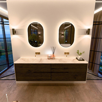 Mondiaz CIRO-DLUX Meuble de salle de bains - 190x45x50cm - Plan vasque solid surface Frappe - 2 vasques double - sans trous de robinet - 4 tiroirs - Shadow