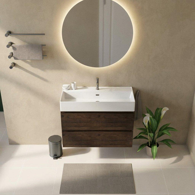 Saniclass Holz Pure Ensemble de meubles de salle de bains - 100x45x72cm - vasque Legend en céramique blanche - 1 vasque - 1 trou de robinet - 2 tiroirs - chêne charcoal mat (bois)