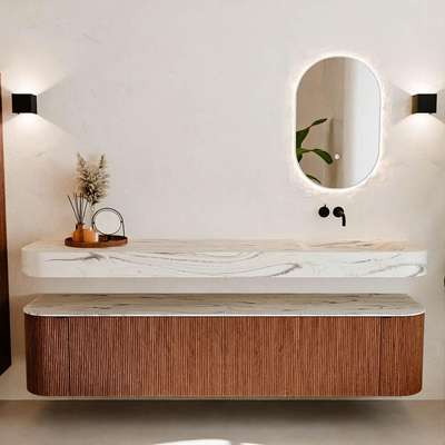 MONDIAZ THOR-DLUX Meuble de salle de bains - 200cm - arrondi gauche + droite - couleur Ruby - 2 tiroirs et 2 portes - Vasque suspendue CLOUD Droite sans trou de robinet - couleur Nata