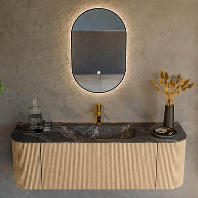 MONDIAZ KURVE-DLUX 140cm Meuble salle de bain avec module 25 G et D - couleur Oak - 1 tiroir - 2 portes - vasque BIG SMALL centre - 1 trou de robinet - couleur Lava