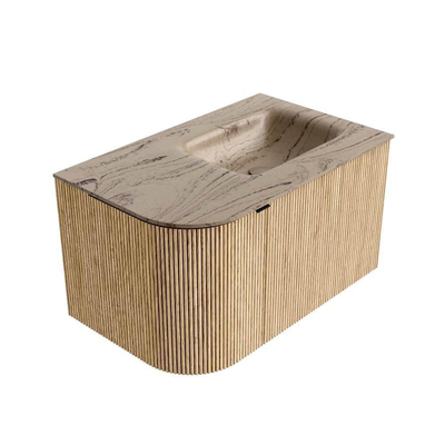 MONDIAZ KURVE-DLUX 75cm badmeubel ronding Links kleur Oak met 1 lade en 1 deur. Wastafel GRUNNE Rechts 1 kraangat Arena.
