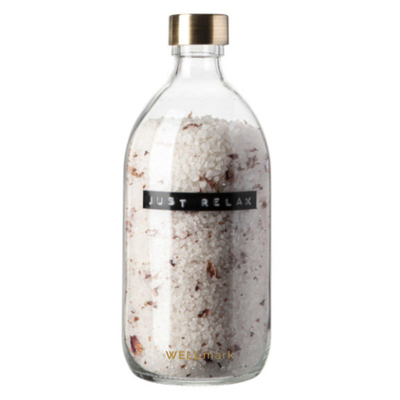 Wellmark Badzout helder glas messing dop 500ml Rozen tekst JUST RELAX Black label SHOWROOMMODEL