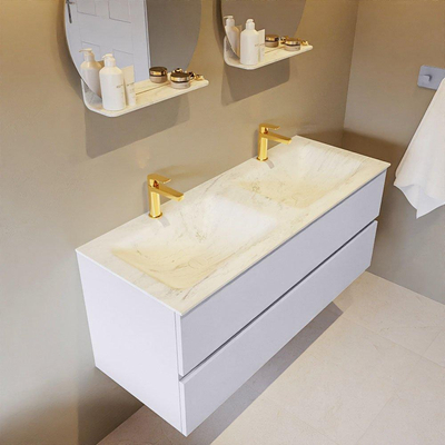 Mondiaz VICA-DLUX Ensemble de meuble de salle de bain - 120cm - meuble sous-vasque cale - 2 tiroirs - lavabo encastré cloud double - 2 trous de robinet - version haute de 60cm - opalo