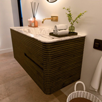 Mondiaz CIRO-DLUX Ensemble de meubles de salle de bains - 110x45x50cm - vasque solid surface Glace - 1 lavabo au milieu - sans trous de robinet - 2 tiroirs - Shadow