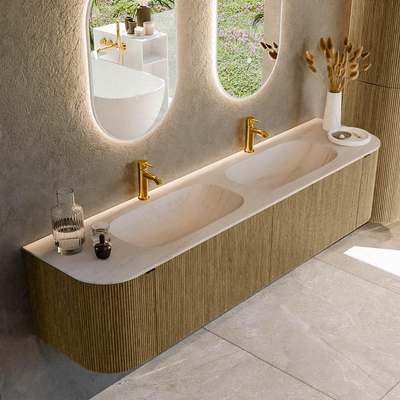 MONDIAZ KURVE-DLUX 190cm meuble de salle de bains arrondi gauche + droite couleur Dusk avec 2 tiroirs et 2 portes. Lavabo STOR SMALL Double 2 trous de robinet Meli.