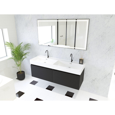 HR badmeubelen Matrix 3D ensemble de meubles de salle de bains 140cm 2 tiroirs sans poignées avec profil de préhension en couleur Noir mat avec lavabo kube 2 trous de robinet blanc